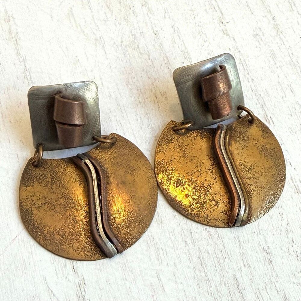Baer SF Mixed Metal Artisan Clip Earrings Sculptural modernist